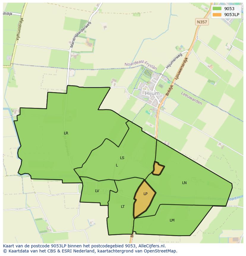 Afbeelding van het postcodegebied 9053 LP op de kaart.