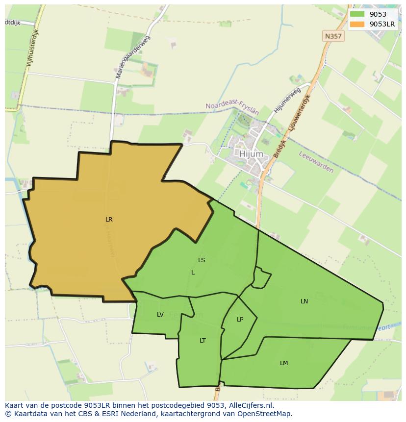 Afbeelding van het postcodegebied 9053 LR op de kaart.