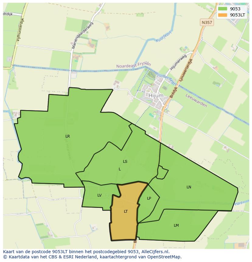 Afbeelding van het postcodegebied 9053 LT op de kaart.