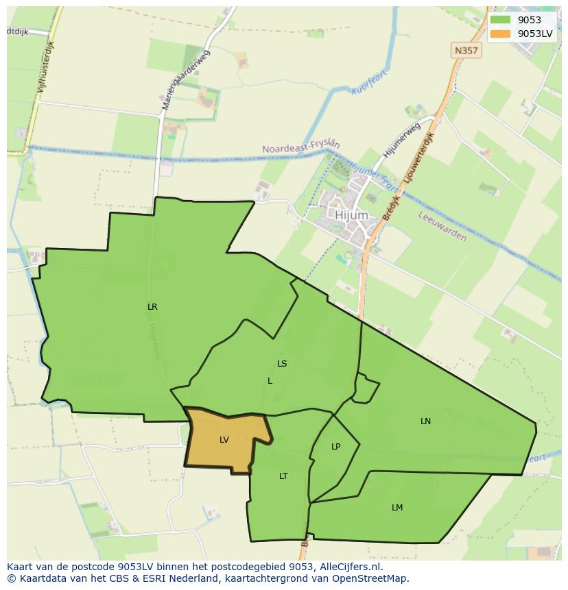 Afbeelding van het postcodegebied 9053 LV op de kaart.