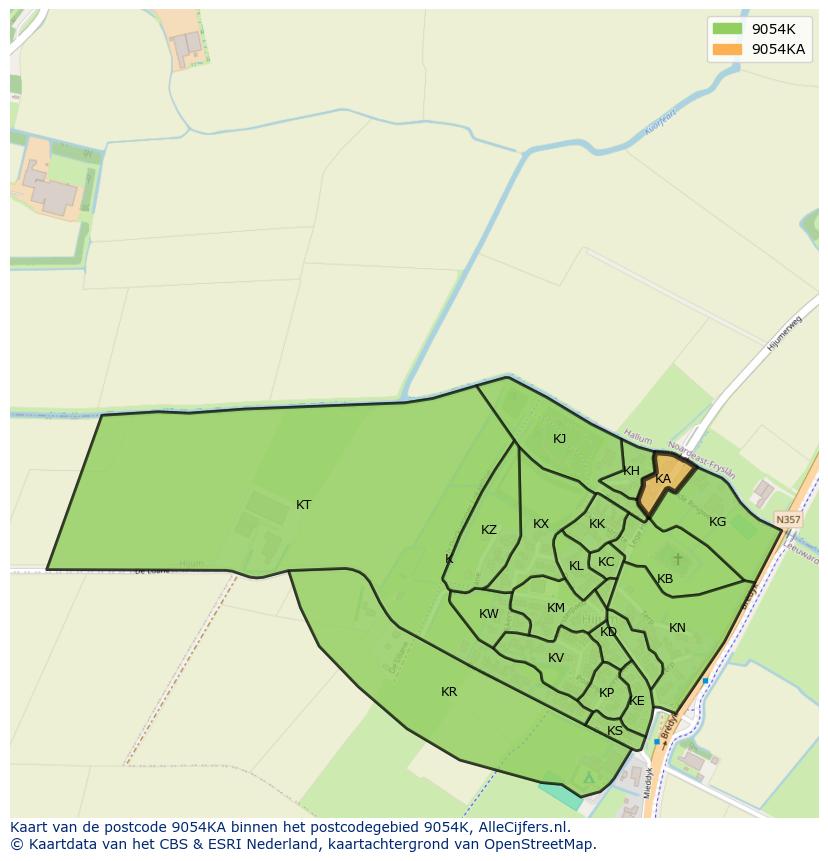 Afbeelding van het postcodegebied 9054 KA op de kaart.