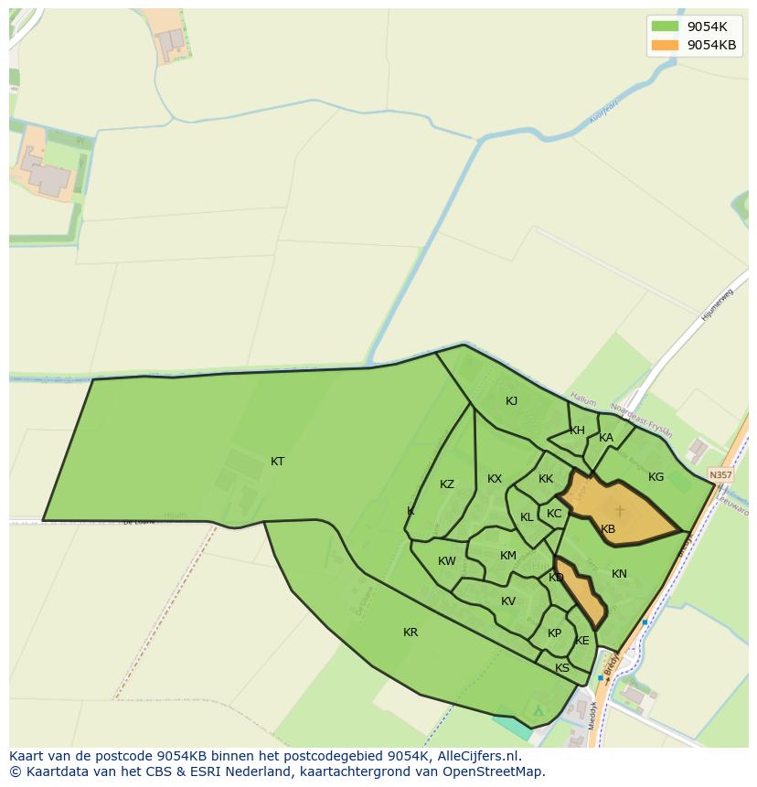 Afbeelding van het postcodegebied 9054 KB op de kaart.