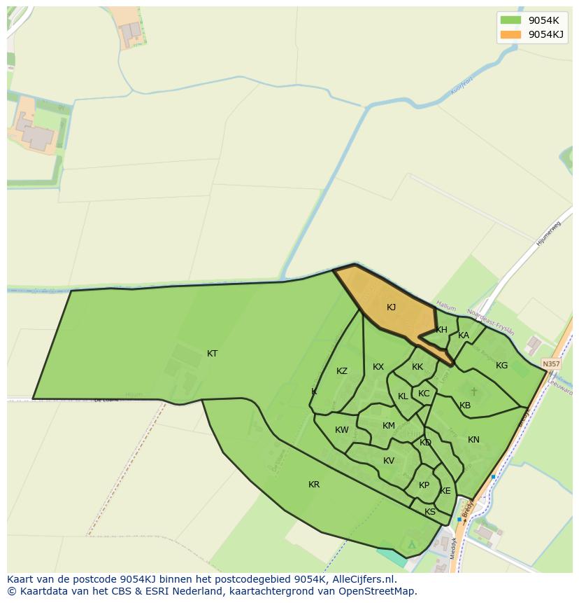 Afbeelding van het postcodegebied 9054 KJ op de kaart.