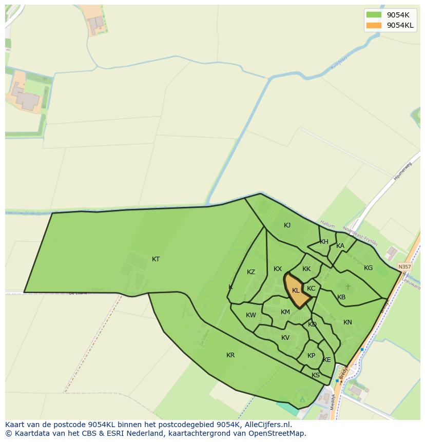 Afbeelding van het postcodegebied 9054 KL op de kaart.