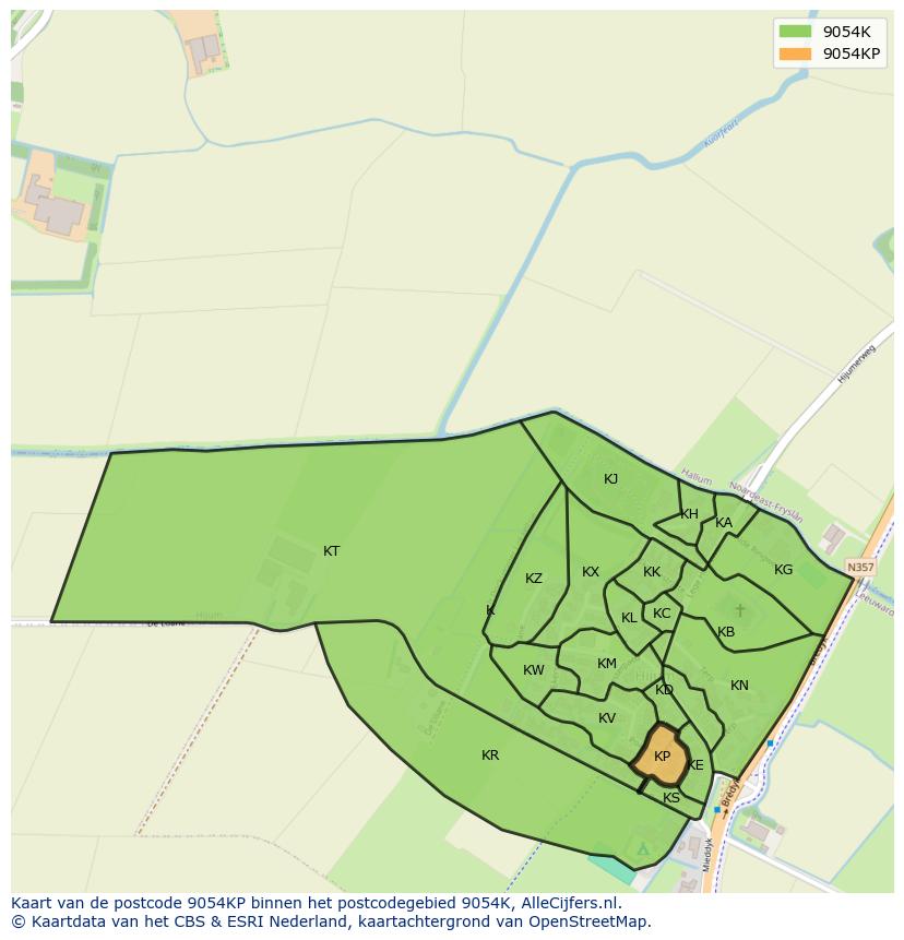 Afbeelding van het postcodegebied 9054 KP op de kaart.