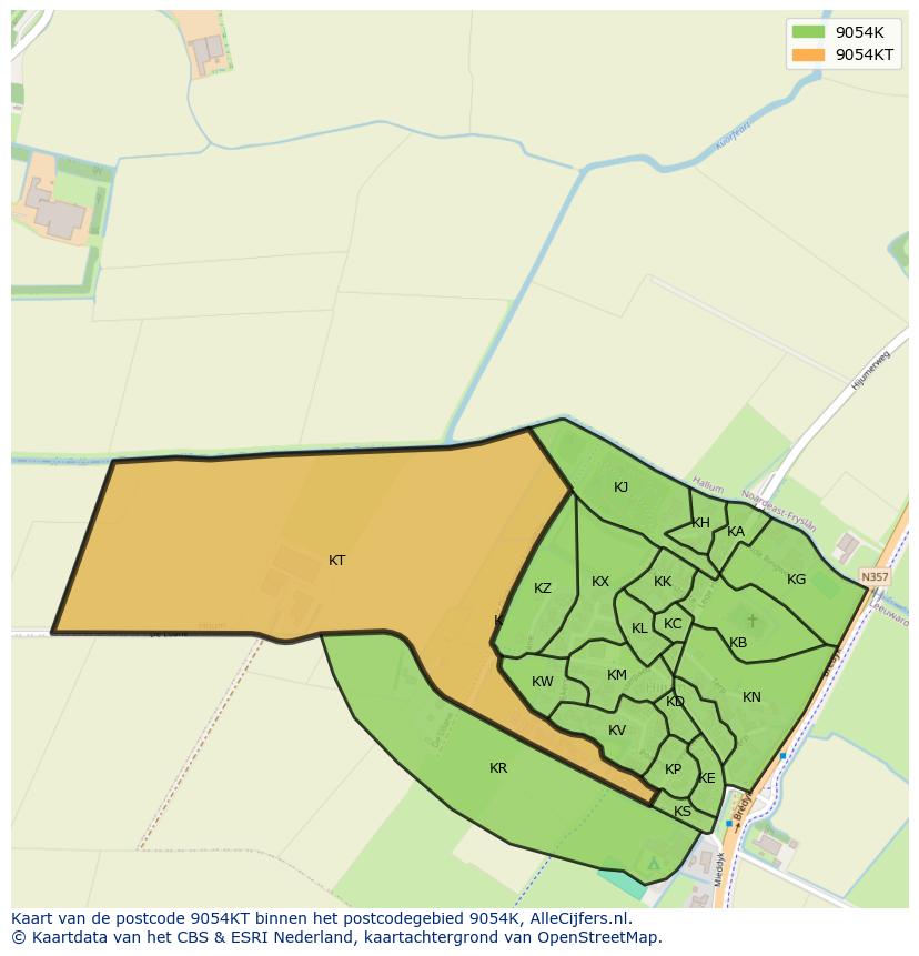Afbeelding van het postcodegebied 9054 KT op de kaart.