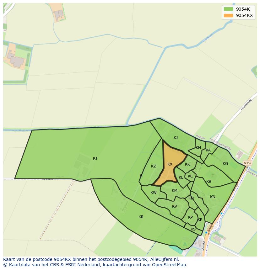 Afbeelding van het postcodegebied 9054 KX op de kaart.