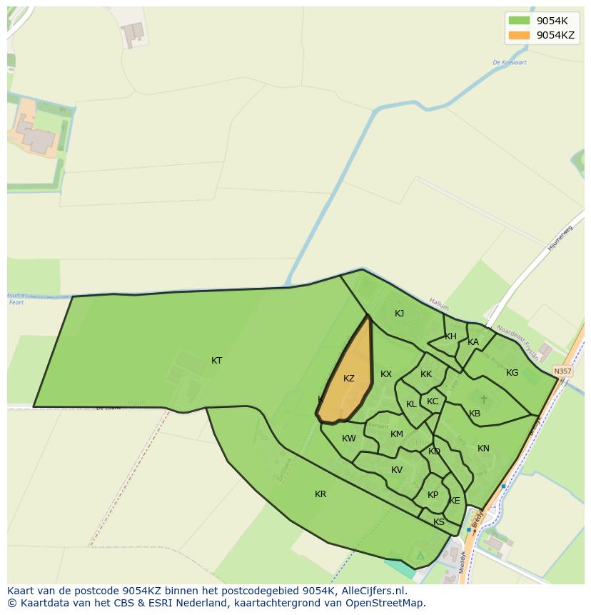 Afbeelding van het postcodegebied 9054 KZ op de kaart.