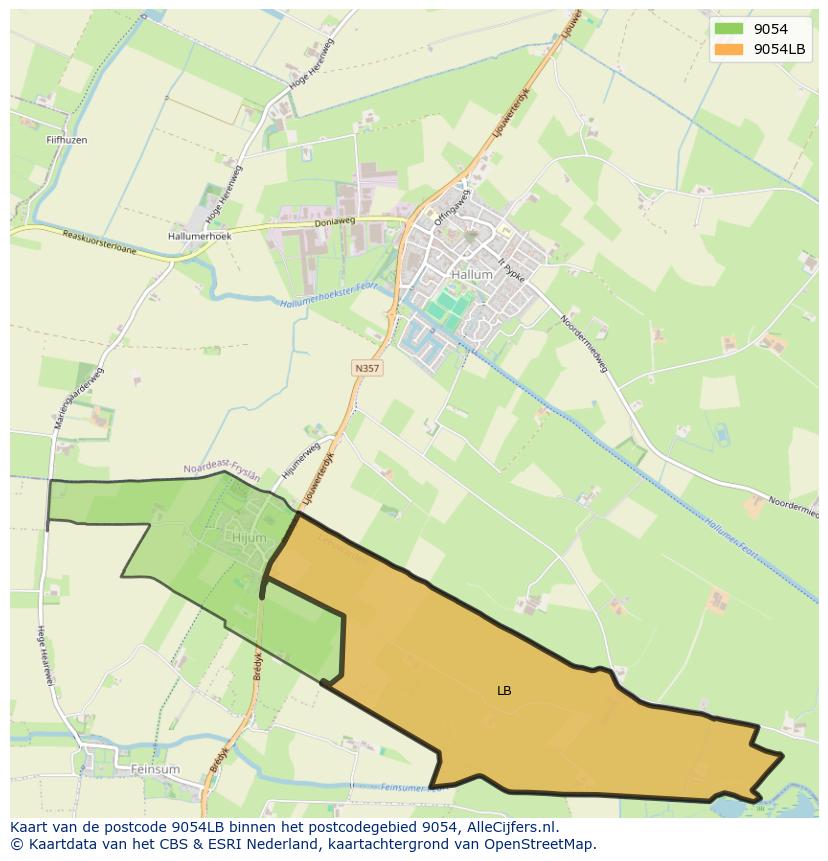 Afbeelding van het postcodegebied 9054 LB op de kaart.
