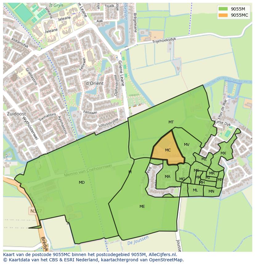 Afbeelding van het postcodegebied 9055 MC op de kaart.