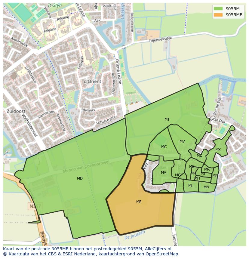 Afbeelding van het postcodegebied 9055 ME op de kaart.
