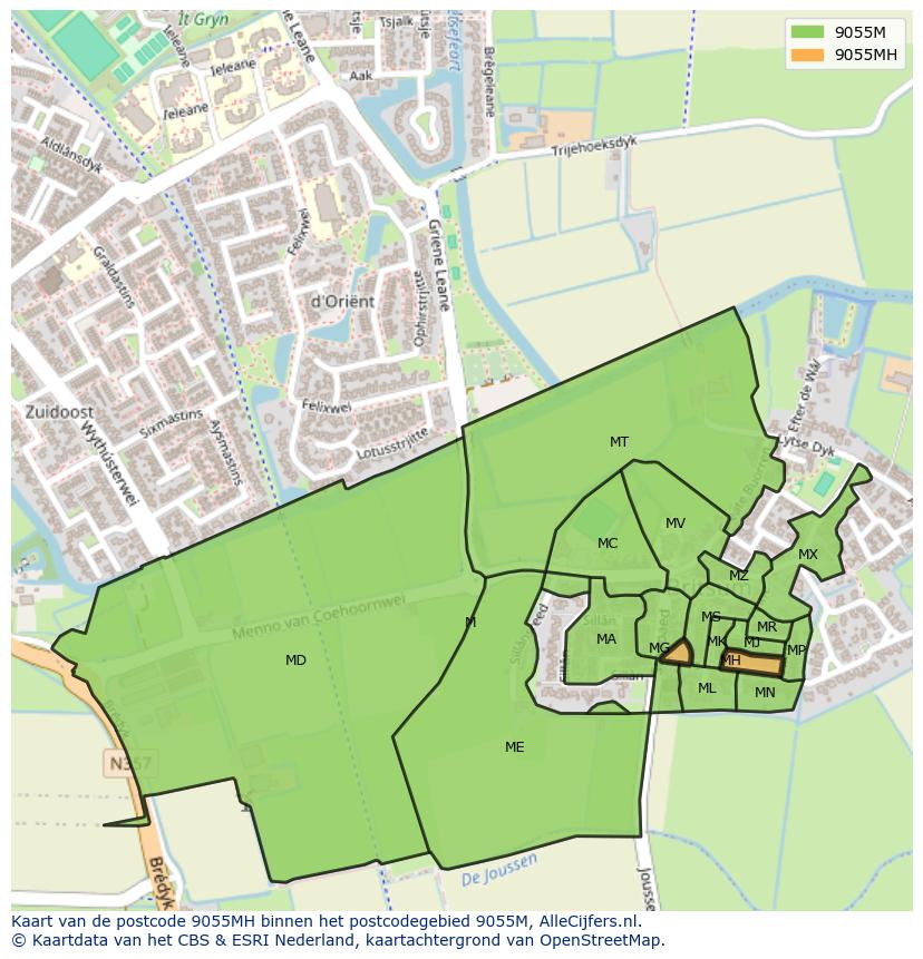 Afbeelding van het postcodegebied 9055 MH op de kaart.