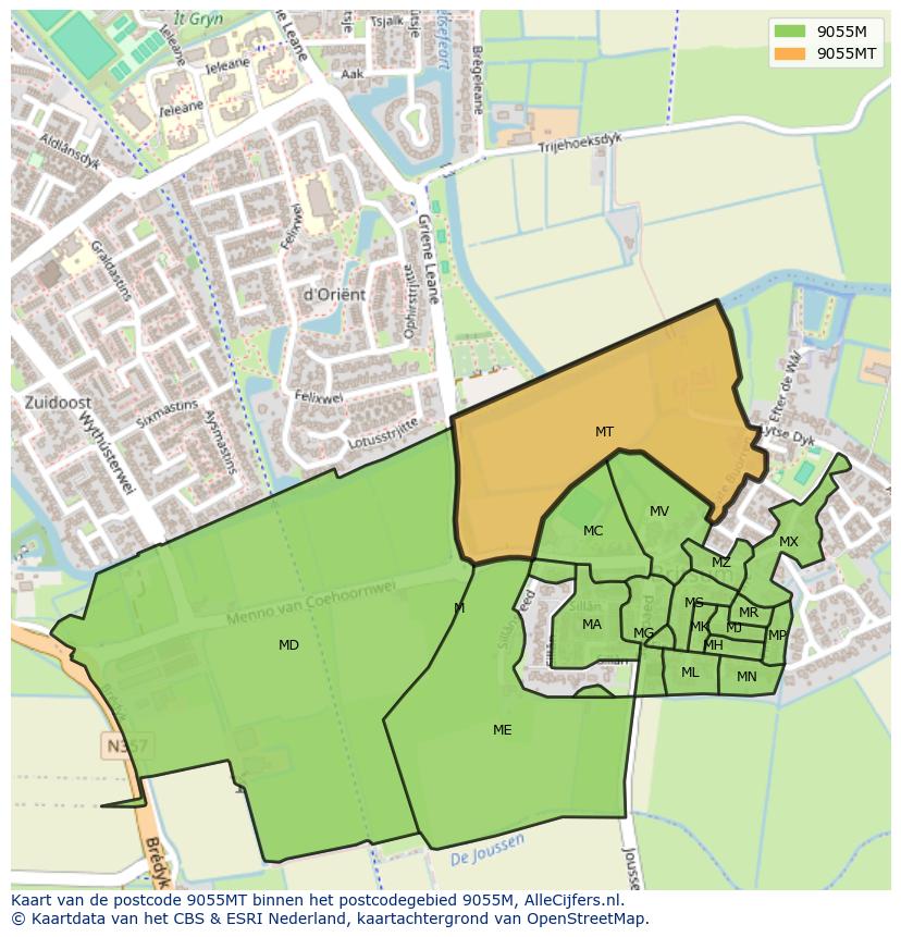 Afbeelding van het postcodegebied 9055 MT op de kaart.