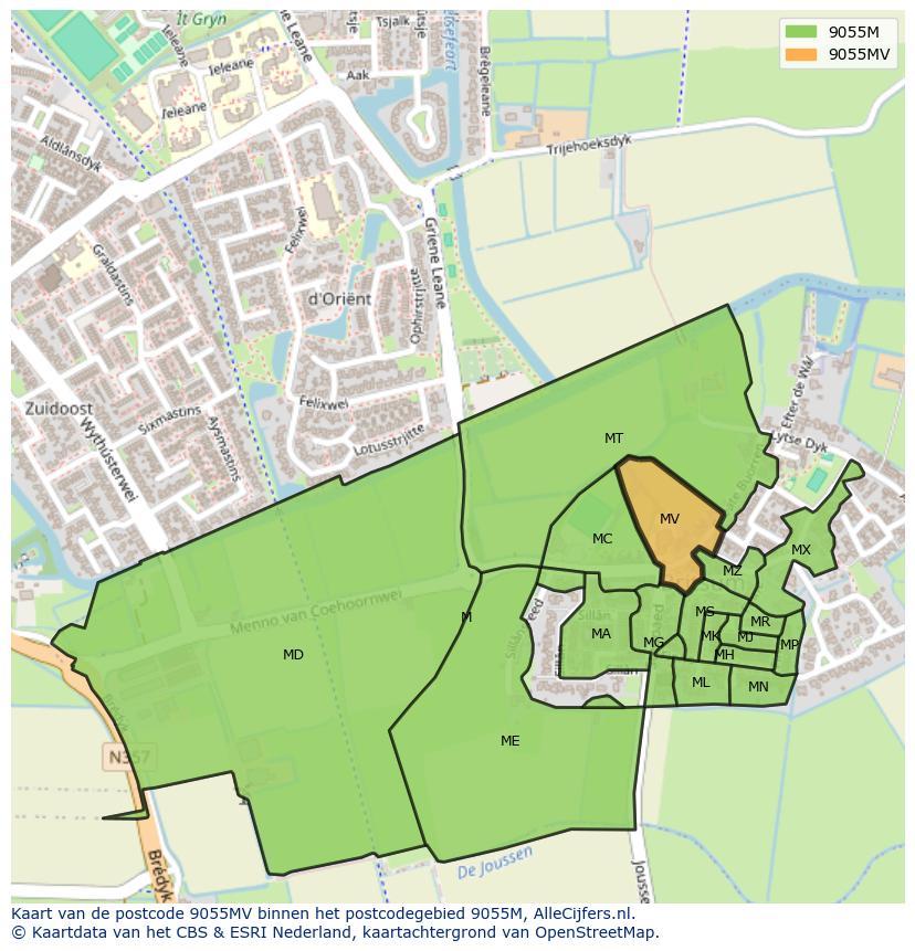 Afbeelding van het postcodegebied 9055 MV op de kaart.