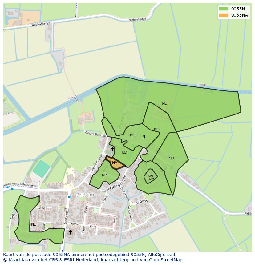 Afbeelding van het postcodegebied 9055 NA op de kaart.