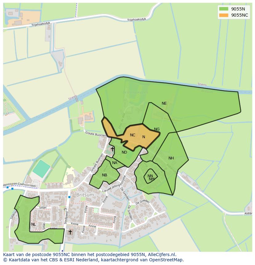 Afbeelding van het postcodegebied 9055 NC op de kaart.