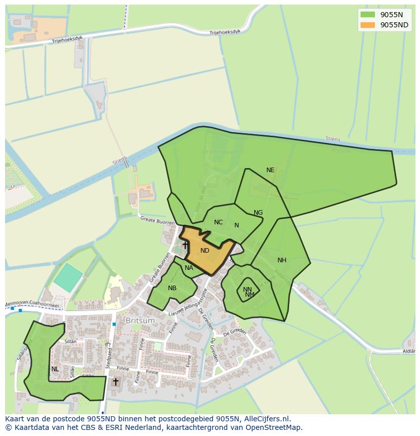 Afbeelding van het postcodegebied 9055 ND op de kaart.
