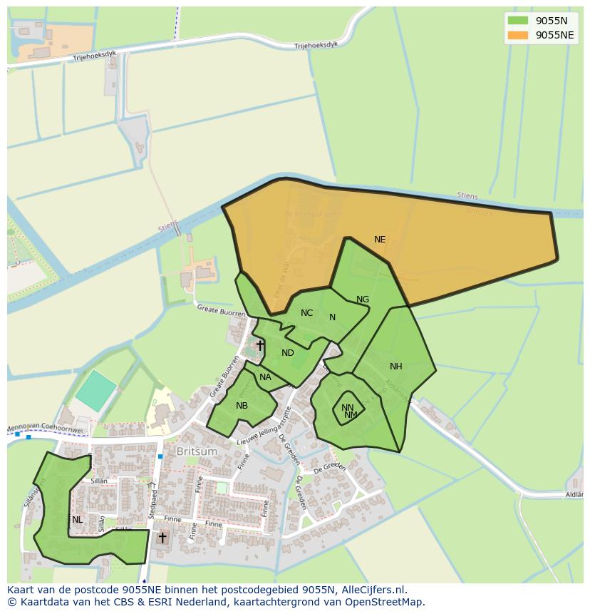 Afbeelding van het postcodegebied 9055 NE op de kaart.