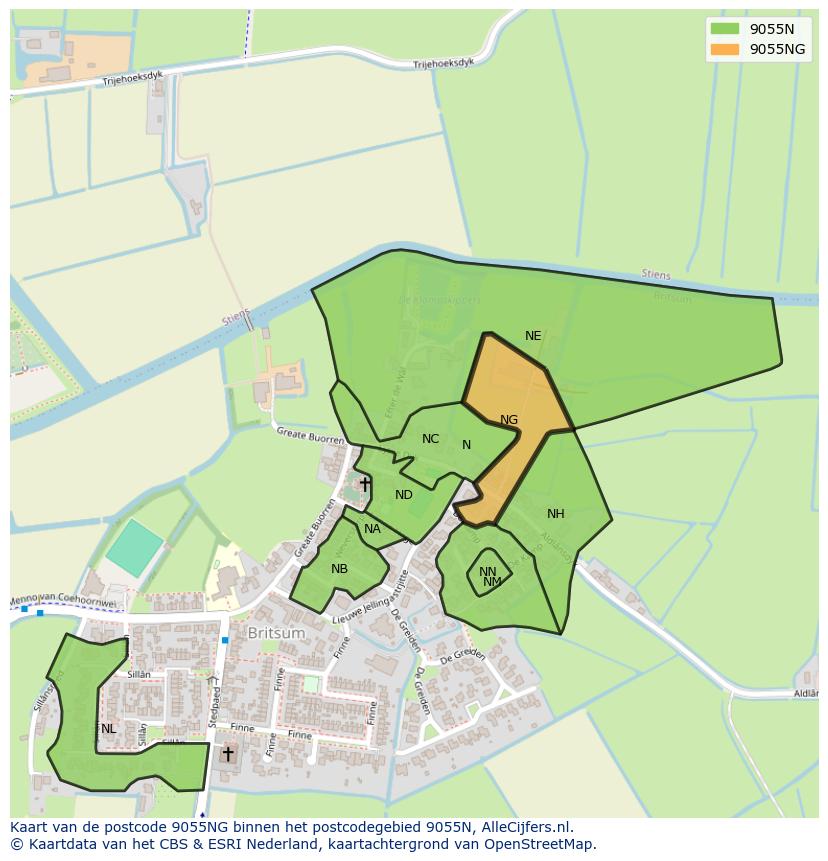 Afbeelding van het postcodegebied 9055 NG op de kaart.