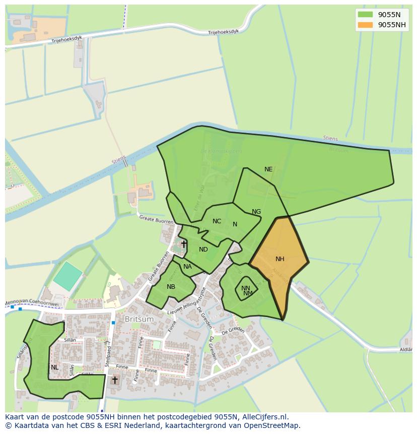 Afbeelding van het postcodegebied 9055 NH op de kaart.
