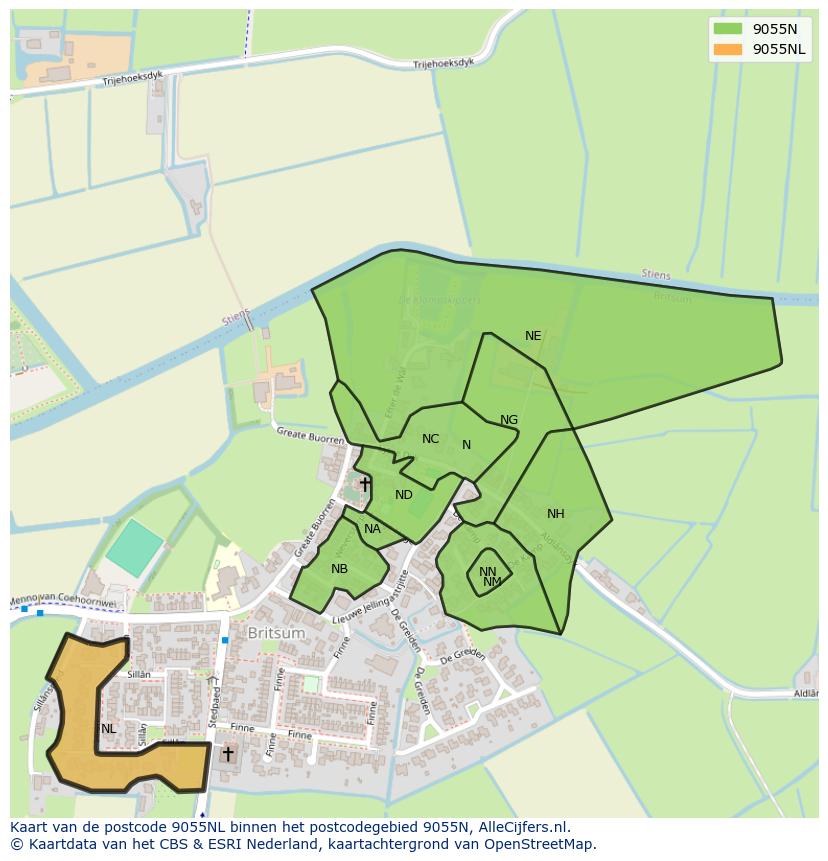 Afbeelding van het postcodegebied 9055 NL op de kaart.