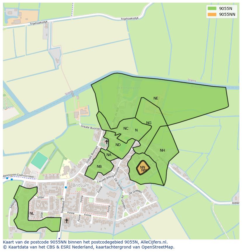Afbeelding van het postcodegebied 9055 NN op de kaart.