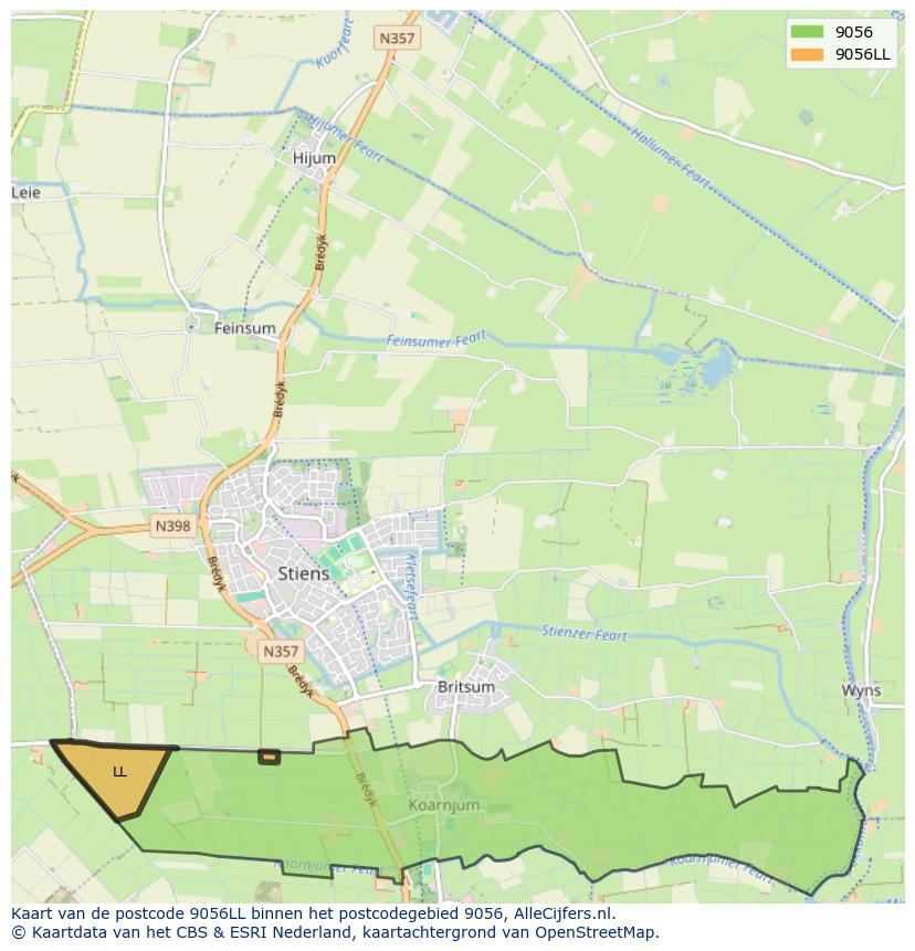 Afbeelding van het postcodegebied 9056 LL op de kaart.