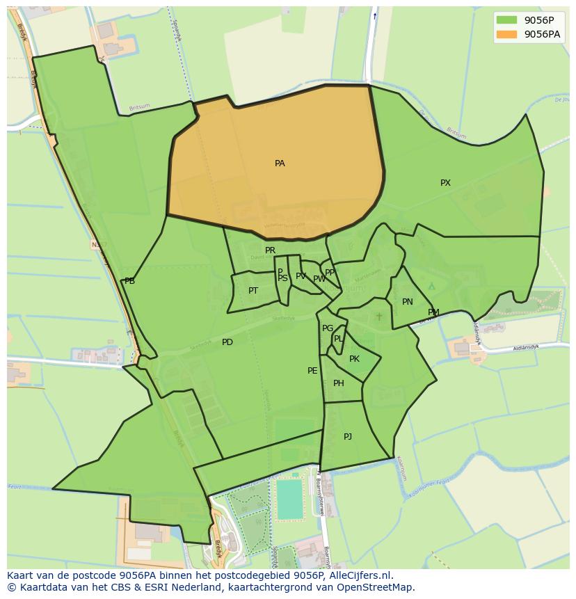 Afbeelding van het postcodegebied 9056 PA op de kaart.