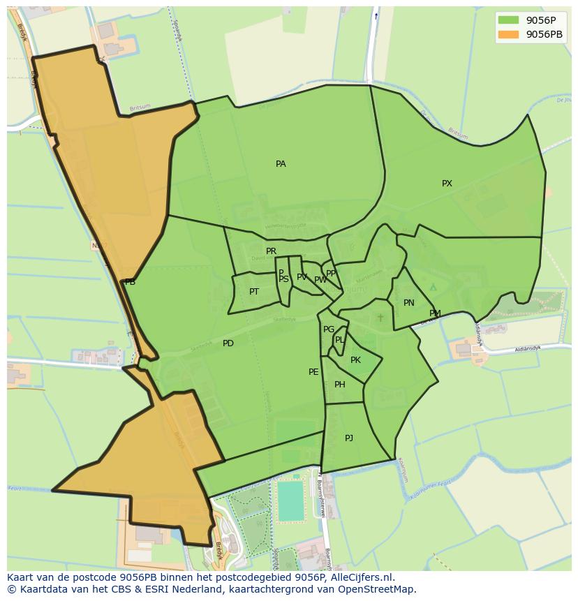 Afbeelding van het postcodegebied 9056 PB op de kaart.