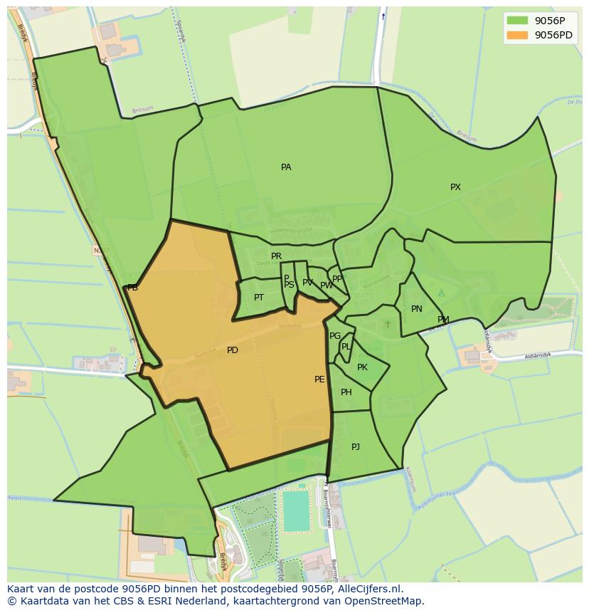 Afbeelding van het postcodegebied 9056 PD op de kaart.