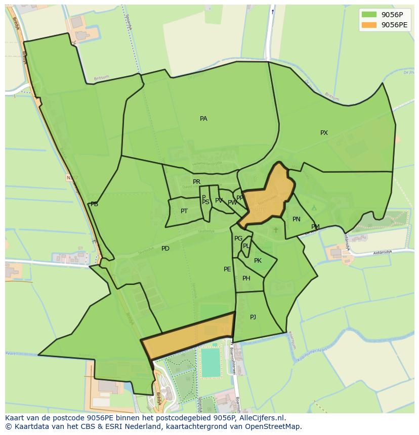 Afbeelding van het postcodegebied 9056 PE op de kaart.