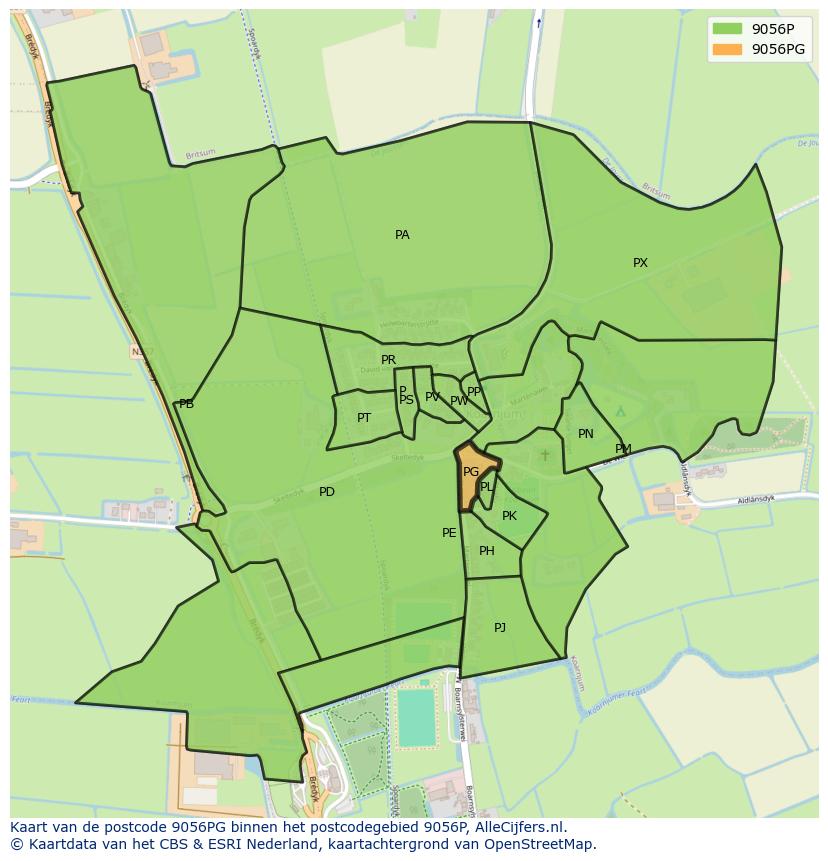 Afbeelding van het postcodegebied 9056 PG op de kaart.