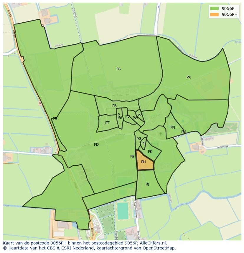 Afbeelding van het postcodegebied 9056 PH op de kaart.