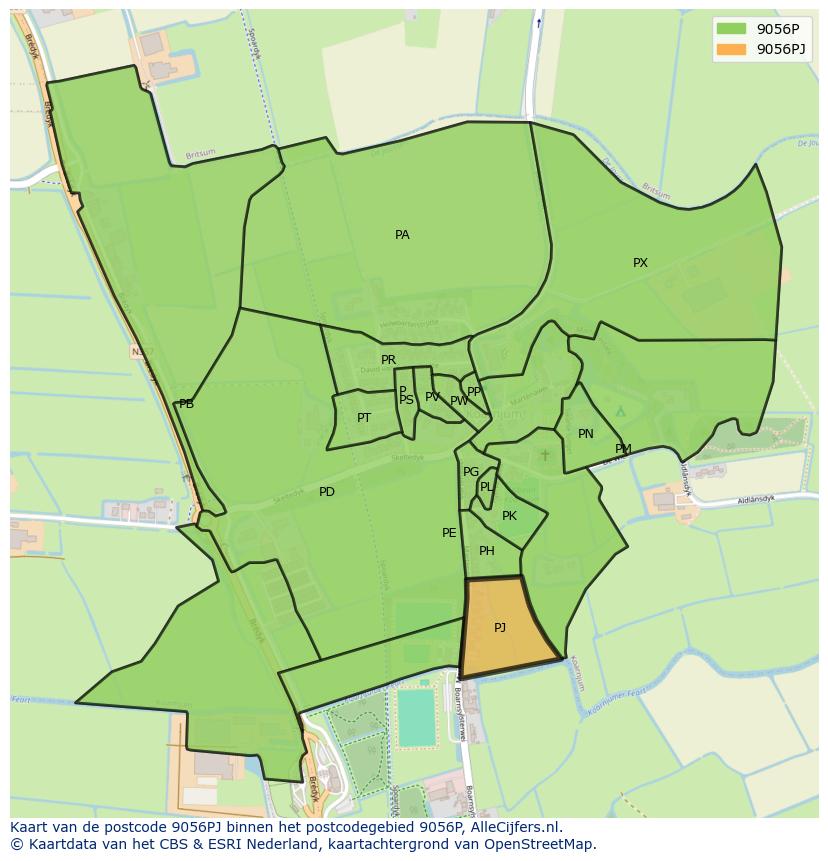 Afbeelding van het postcodegebied 9056 PJ op de kaart.