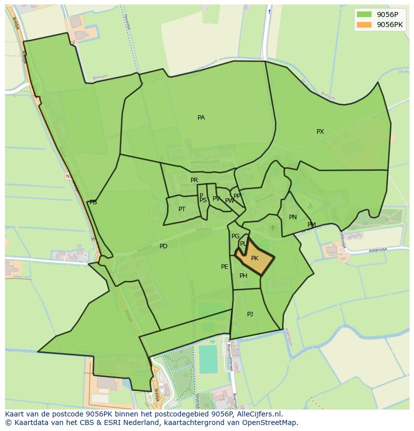 Afbeelding van het postcodegebied 9056 PK op de kaart.