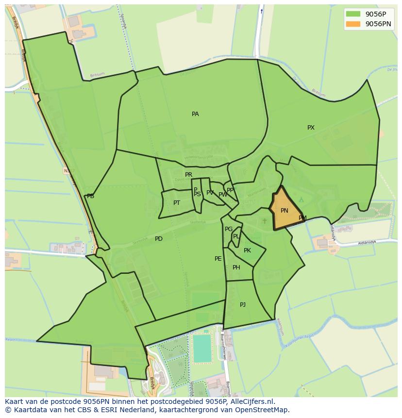 Afbeelding van het postcodegebied 9056 PN op de kaart.