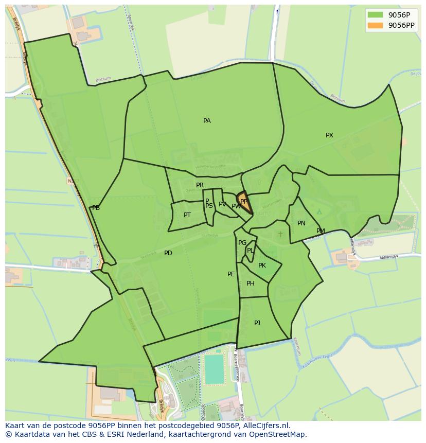 Afbeelding van het postcodegebied 9056 PP op de kaart.