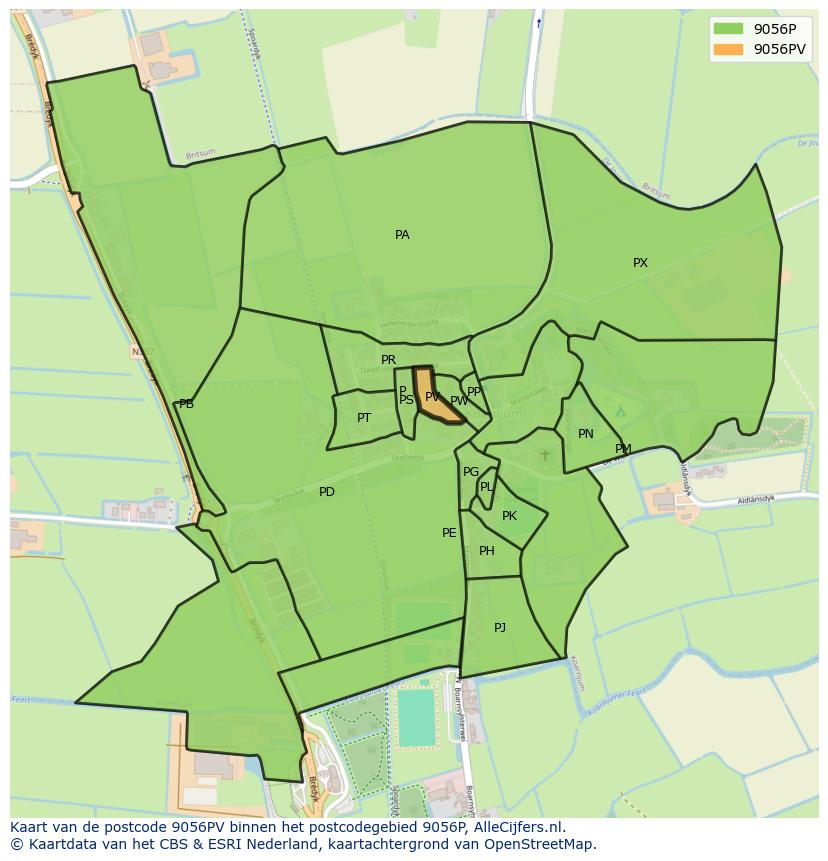 Afbeelding van het postcodegebied 9056 PV op de kaart.