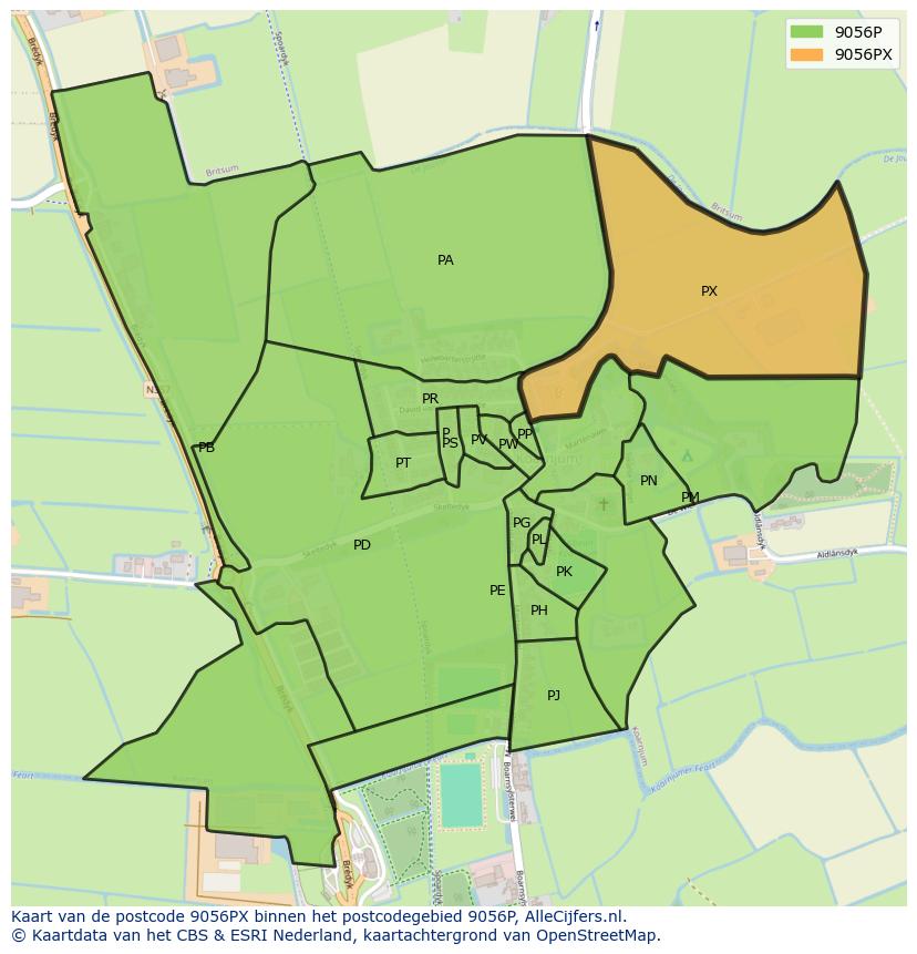 Afbeelding van het postcodegebied 9056 PX op de kaart.
