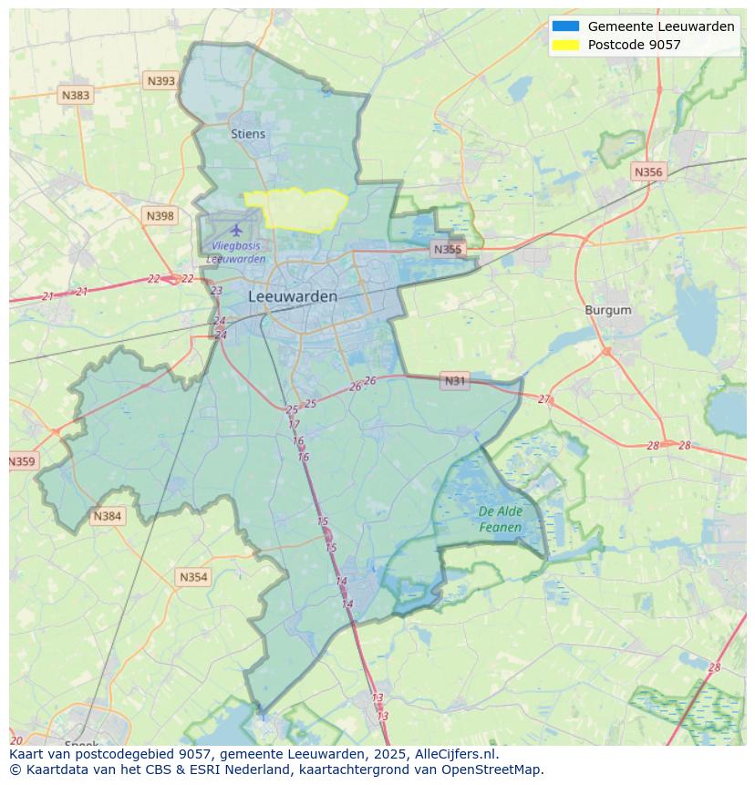 Afbeelding van het postcodegebied 9057 op de kaart.