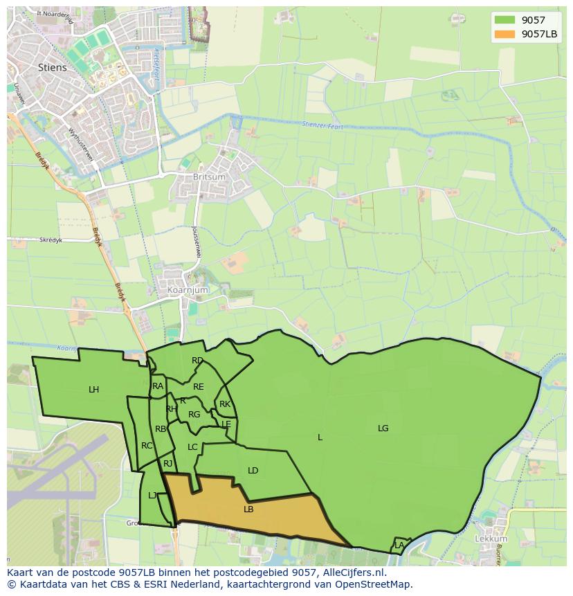 Afbeelding van het postcodegebied 9057 LB op de kaart.
