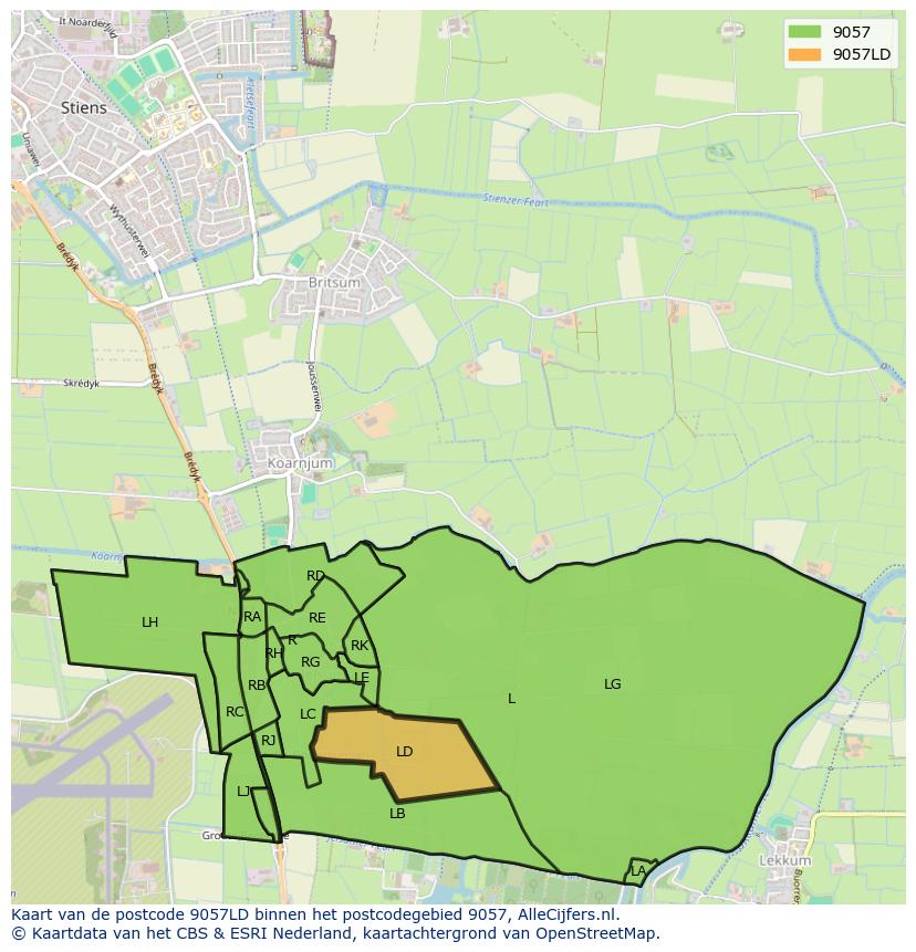 Afbeelding van het postcodegebied 9057 LD op de kaart.