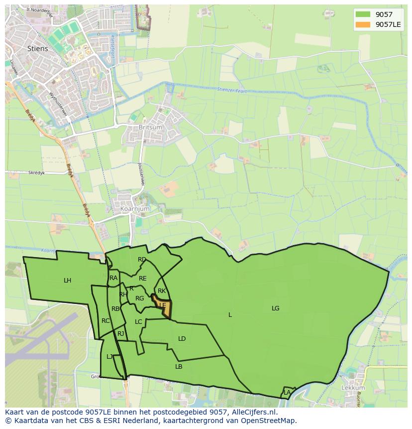 Afbeelding van het postcodegebied 9057 LE op de kaart.