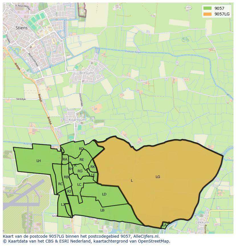Afbeelding van het postcodegebied 9057 LG op de kaart.