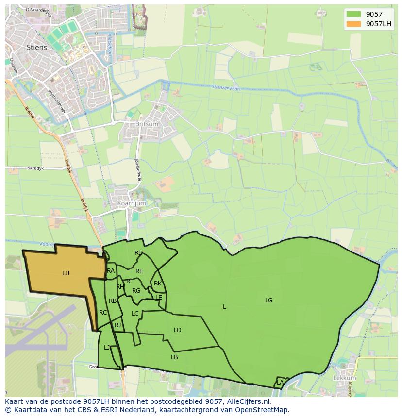 Afbeelding van het postcodegebied 9057 LH op de kaart.