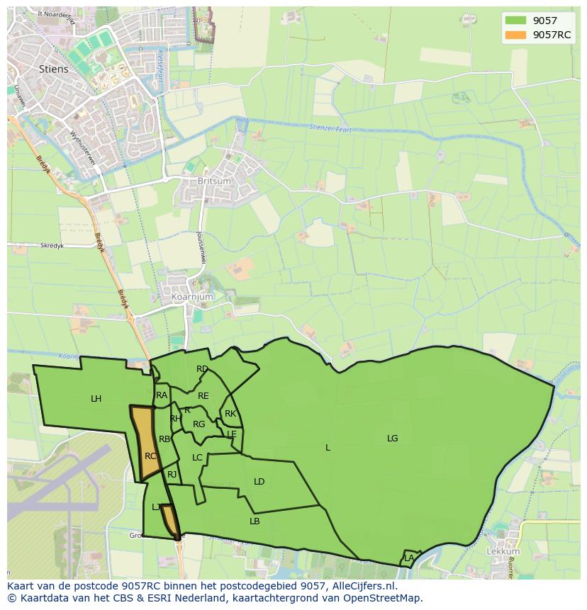 Afbeelding van het postcodegebied 9057 RC op de kaart.
