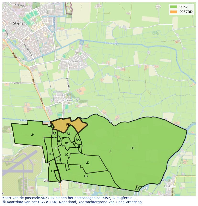 Afbeelding van het postcodegebied 9057 RD op de kaart.