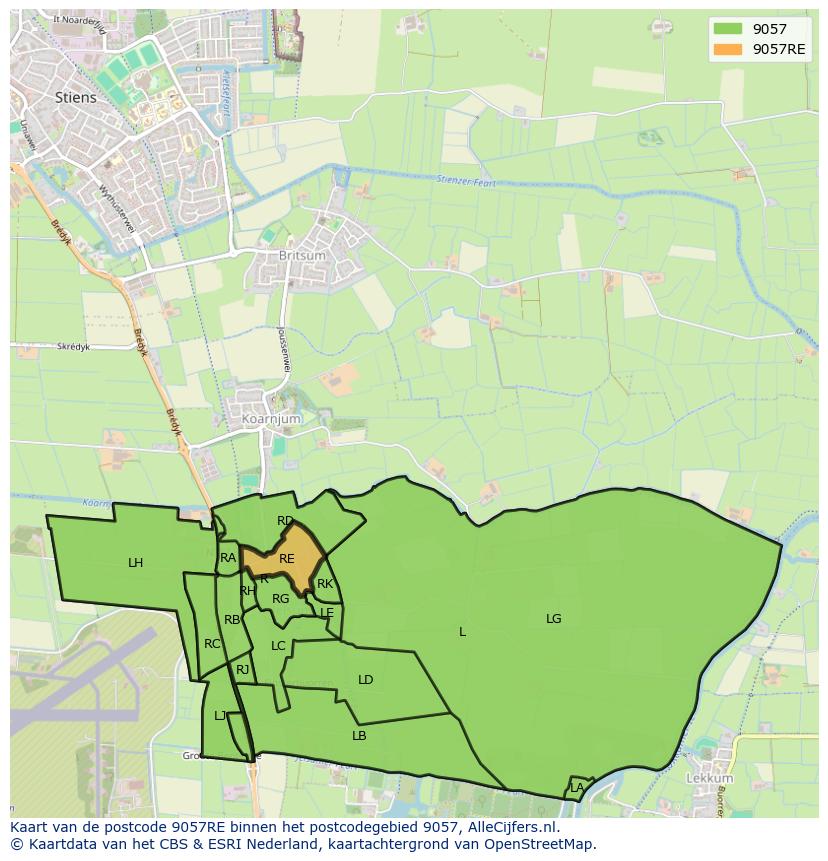 Afbeelding van het postcodegebied 9057 RE op de kaart.
