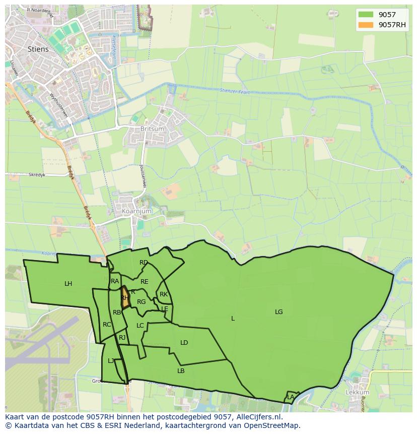 Afbeelding van het postcodegebied 9057 RH op de kaart.