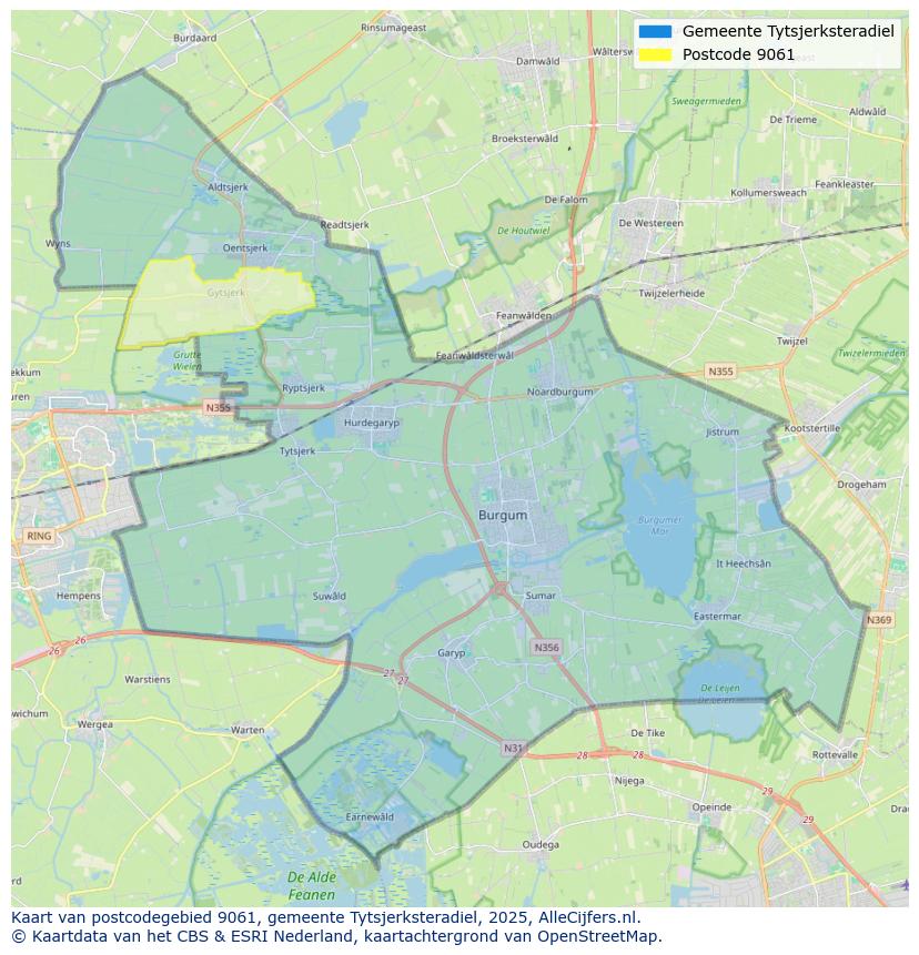 Afbeelding van het postcodegebied 9061 op de kaart.